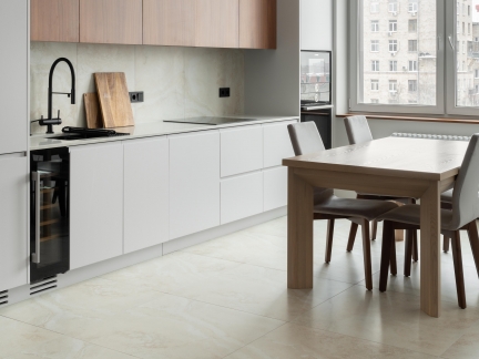 A Bright Apartment with Natural Wood and Warm-Toned Porcelain Stoneware